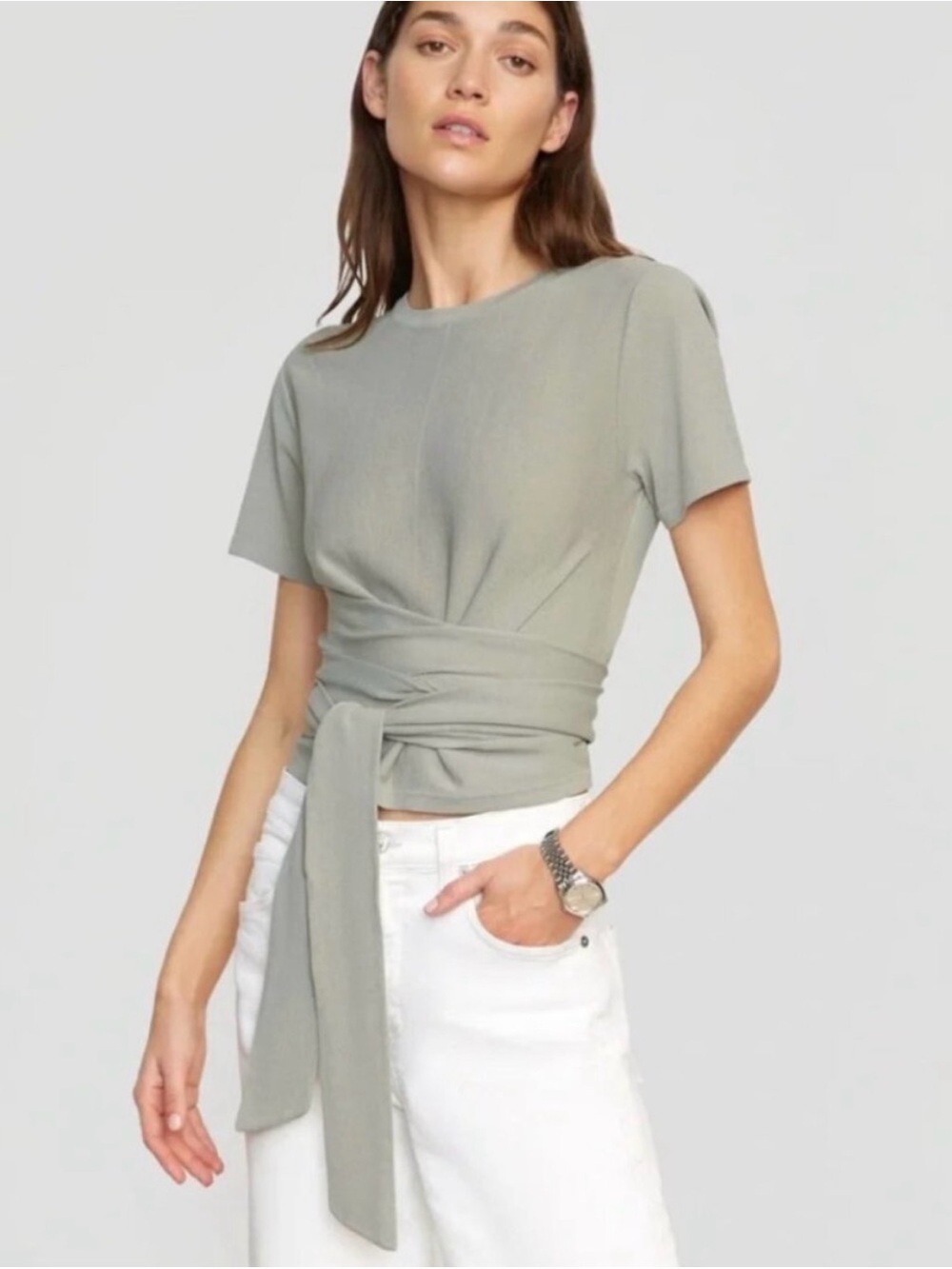 Modern Citizen Tie-Waist Short Sleeve Top in Sage Green